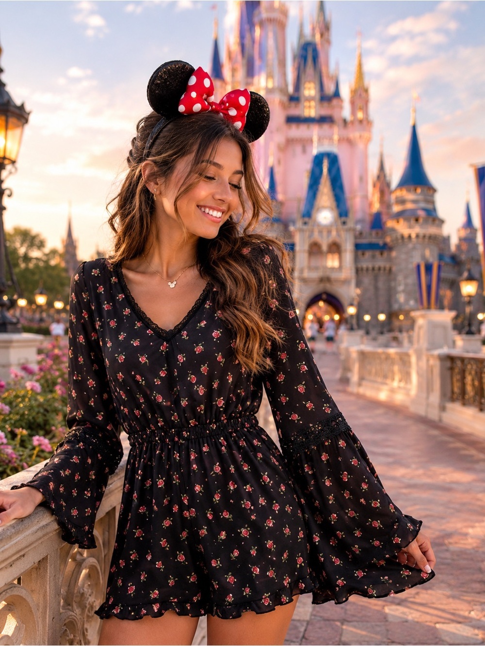 Disney Princess Floral Long Bell Sleeve Romper size S